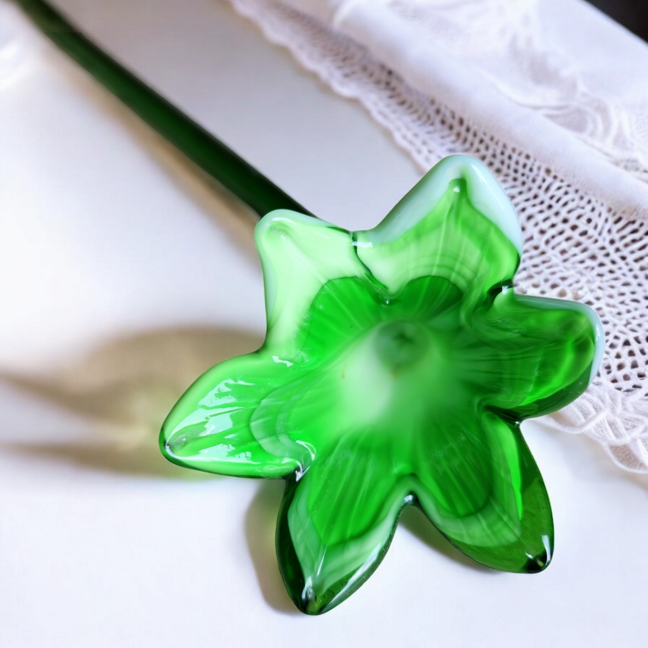 20" Art Glass Green Lily Hand Blown Long Green Stem Flower Murano Style