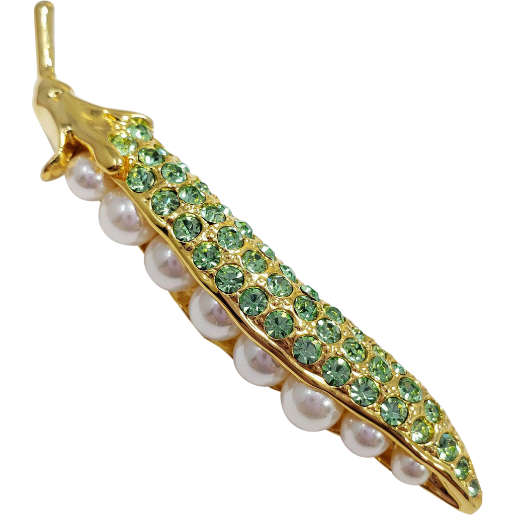 Vintage Pave Gold Tone White Artificial Pearl Pea Pod Pin Brooch
