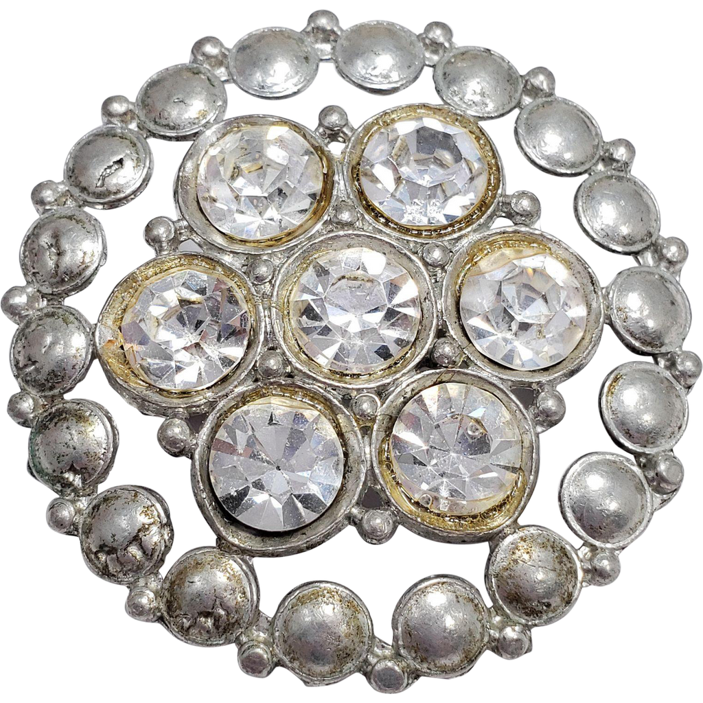 Vintage Pot Metal Clear Rhinestones Round Pin Brooch