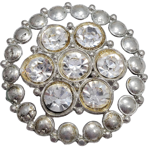 Vintage Pot Metal Clear Rhinestones Round Pin Brooch