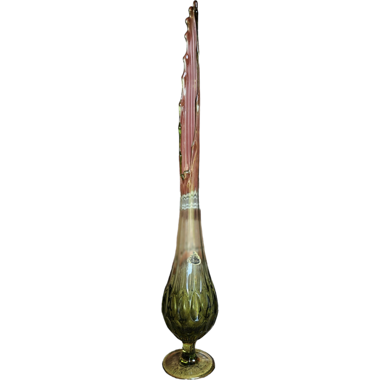21" Fenton Avocado Green Thumbprint Glass Swung Bud Vase