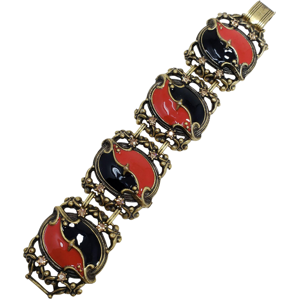 Vintage KJL Kenneth Jay Lane Red Black Enamel Crystal Link Bracelet
