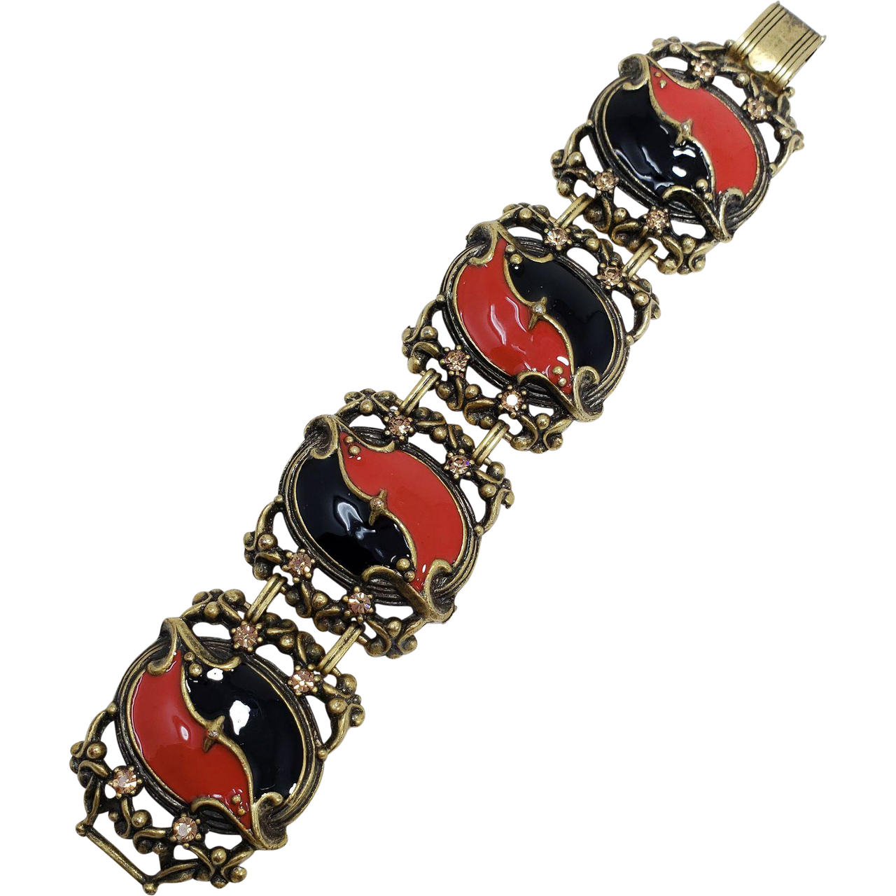 Vintage KJL Kenneth Jay Lane Red Black Enamel Crystal Link Bracelet