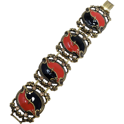 Vintage KJL Kenneth Jay Lane Red Black Enamel Crystal Link Bracelet