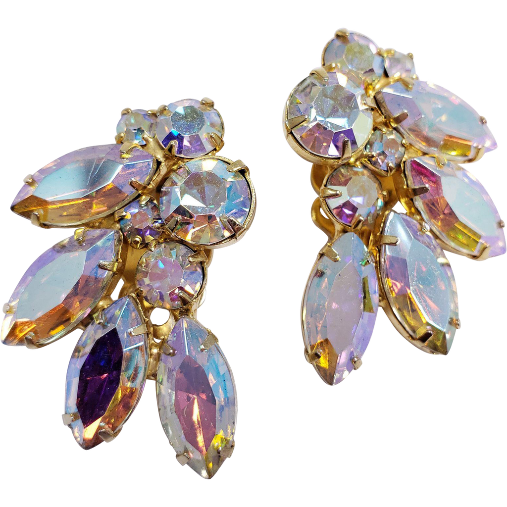 Vintage Leaf Shaped AB Navettes and Chatons Clip On Earrings