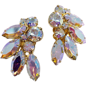 Vintage Leaf Shaped AB Navettes and Chatons Clip On Earrings