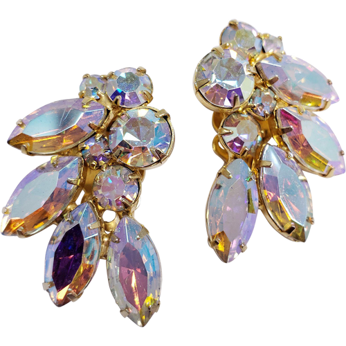 Vintage Leaf Shaped AB Navettes and Chatons Clip On Earrings