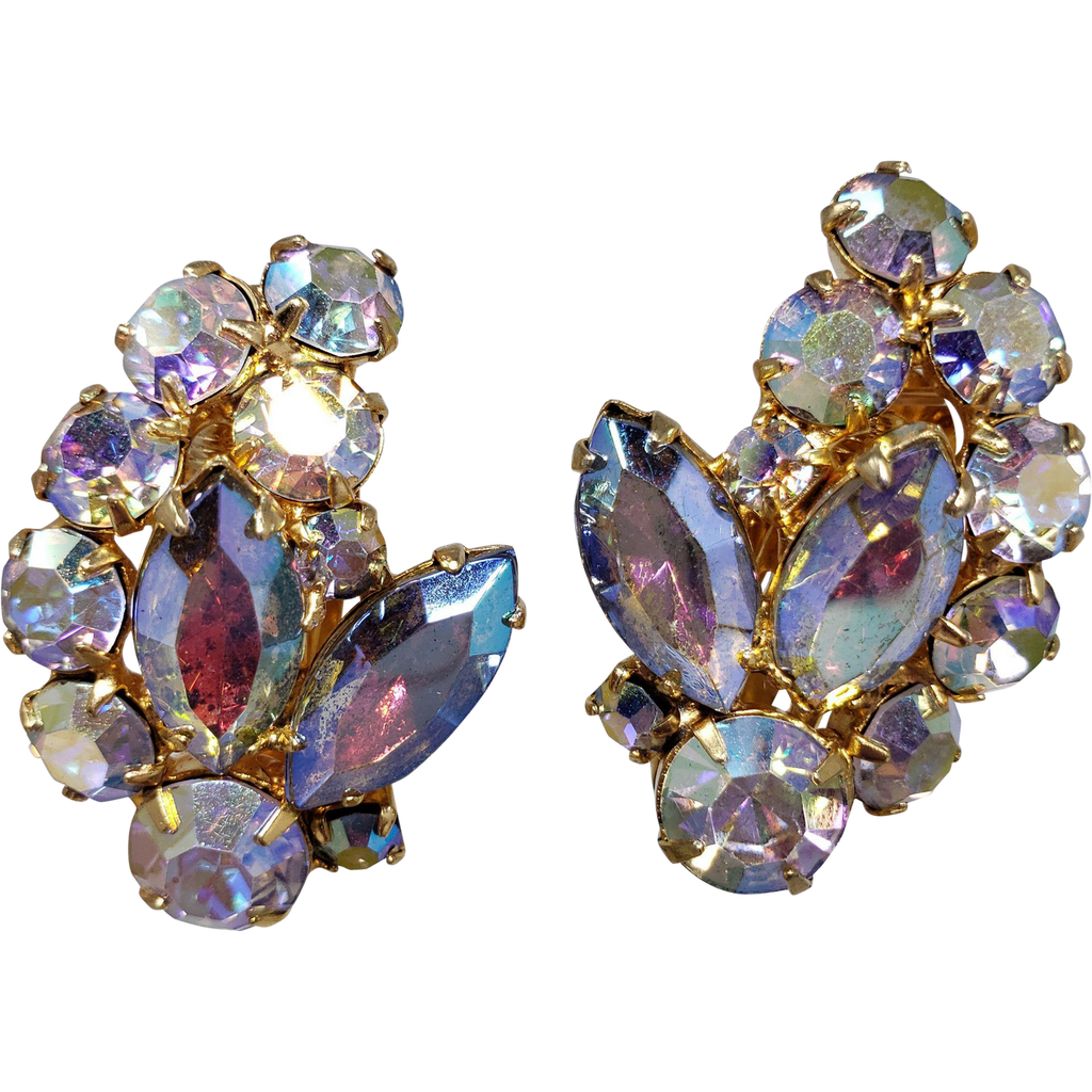 Vintage Leaf Shaped AB Navettes and Chatons Gold Clip On Earrings