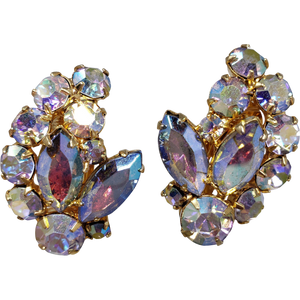 Vintage Leaf Shaped AB Navettes and Chatons Gold Clip On Earrings