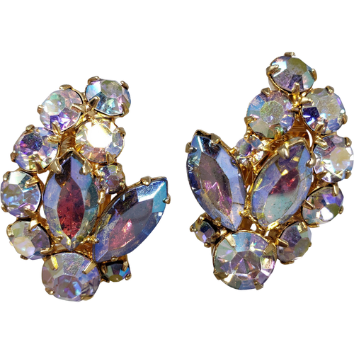 Vintage Leaf Shaped AB Navettes and Chatons Gold Clip On Earrings