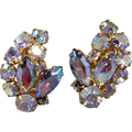 Vintage Leaf Shaped AB Navettes and Chatons Gold Clip On Earrings