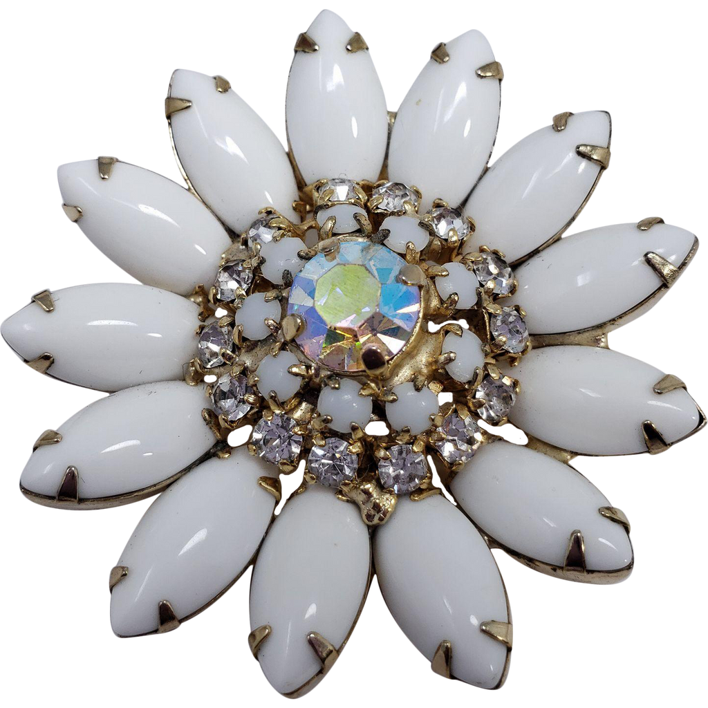 Vintage Unsigned White Milk Glass Rhinestone Flower Pin Brooch