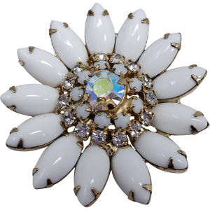 Vintage Unsigned White Milk Glass Rhinestone Flower Pin Brooch