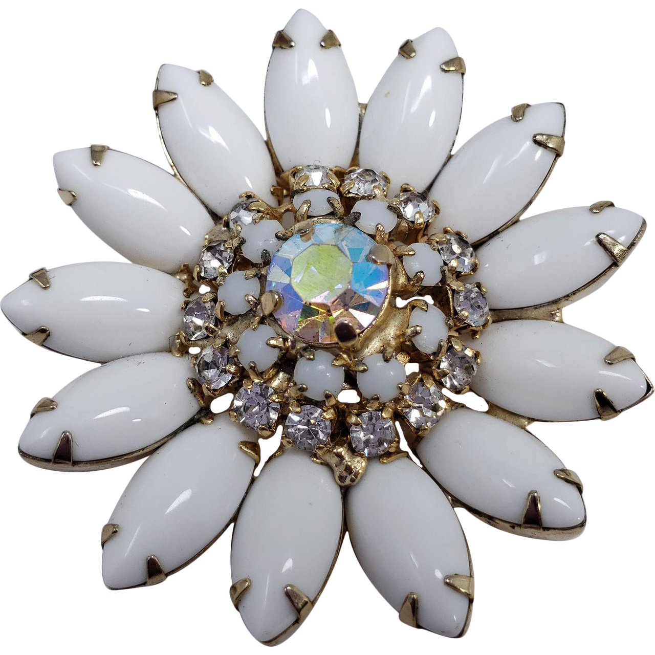 Vintage Unsigned White Milk Glass Rhinestone Flower Pin Brooch