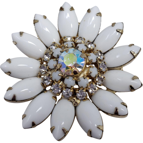 Vintage Unsigned White Milk Glass Rhinestone Flower Pin Brooch