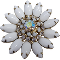 Vintage Unsigned White Milk Glass Rhinestone Flower Pin Brooch