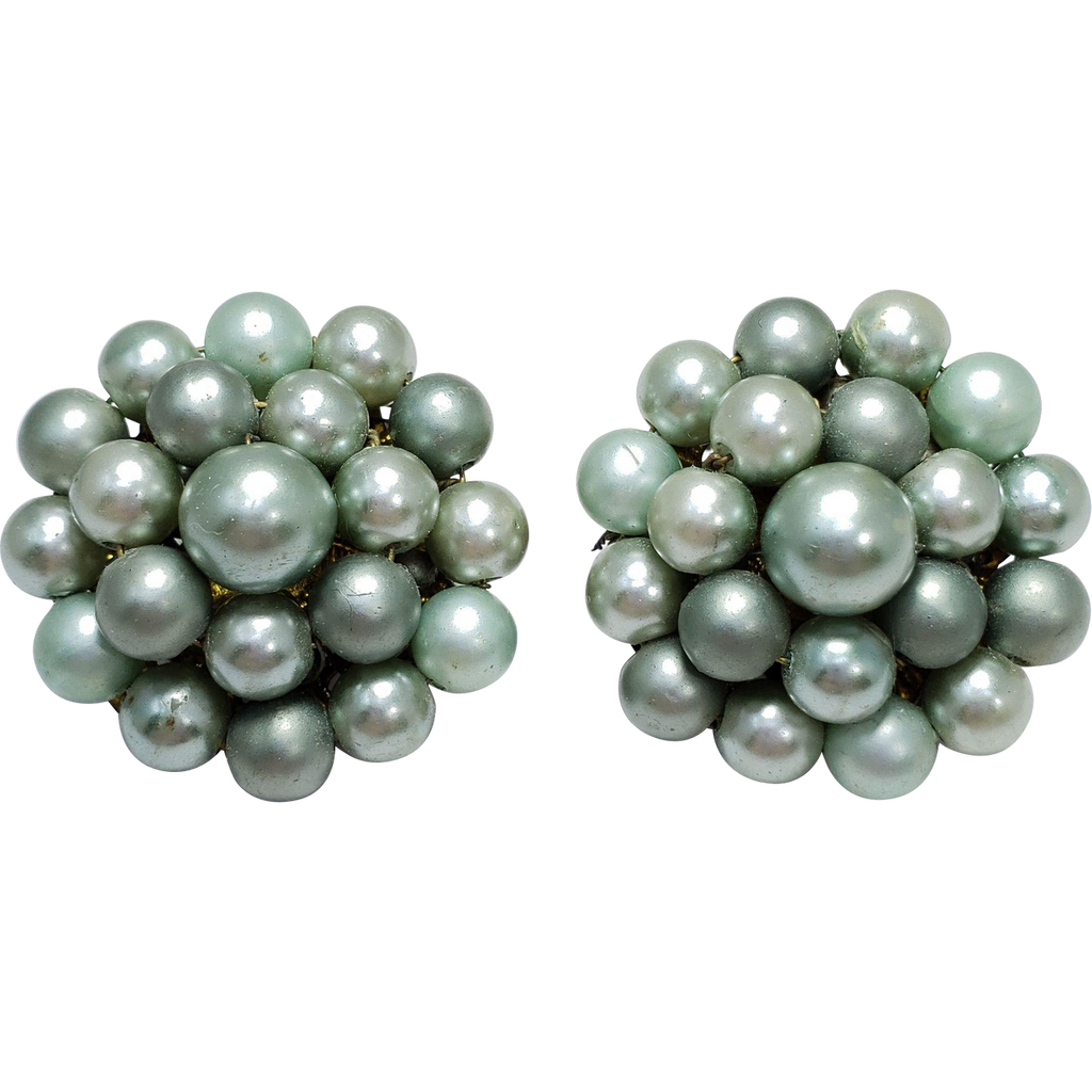 Vintage Pastel Green Faux Pearl Cluster Bead Clip On Earrings Japan