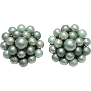 Vintage Pastel Green Faux Pearl Cluster Bead Clip On Earrings Japan