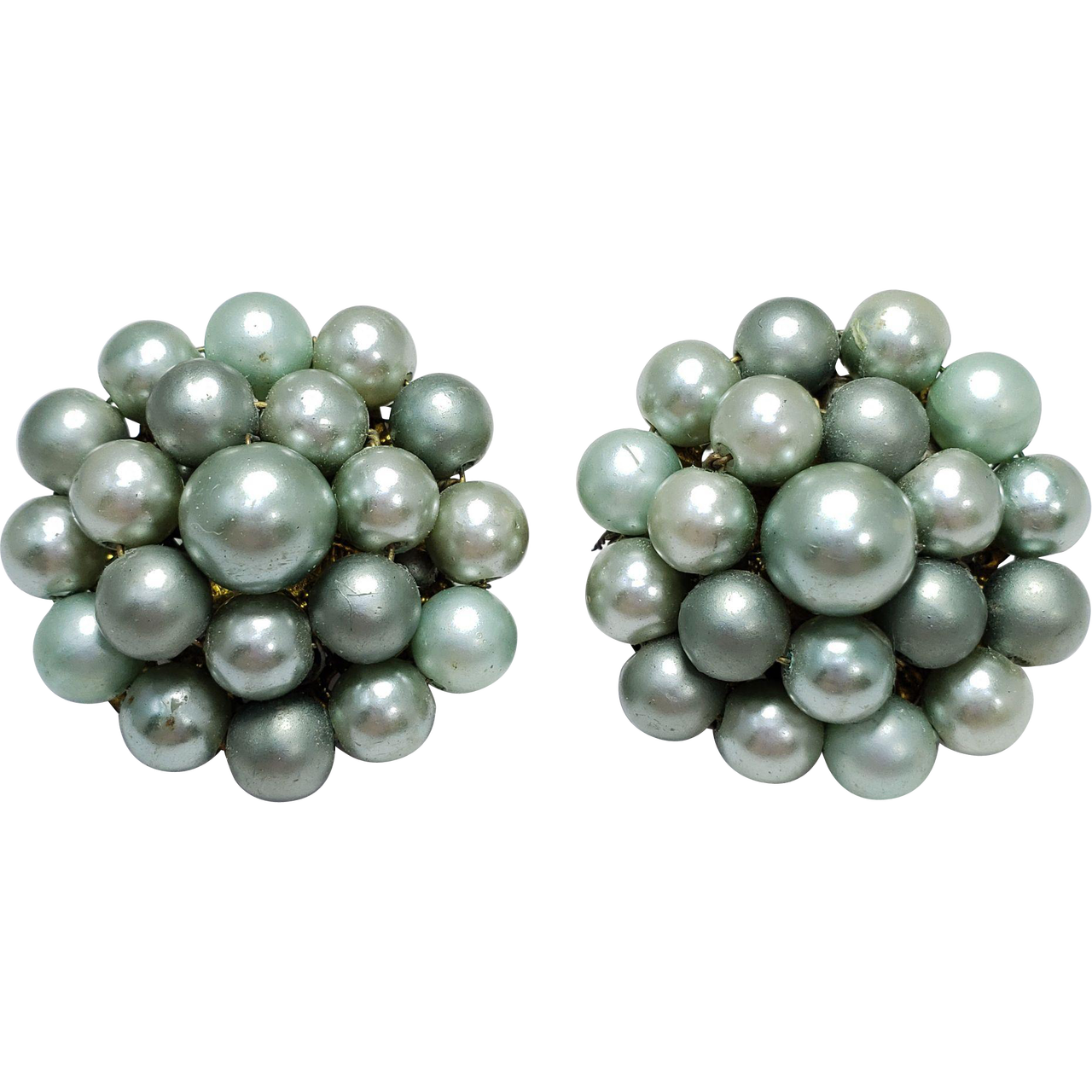 Vintage Pastel Green Faux Pearl Cluster Bead Clip On Earrings Japan