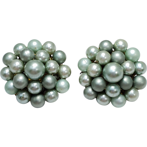 Vintage Pastel Green Faux Pearl Cluster Bead Clip On Earrings Japan
