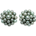 Vintage Pastel Green Faux Pearl Cluster Bead Clip On Earrings Japan
