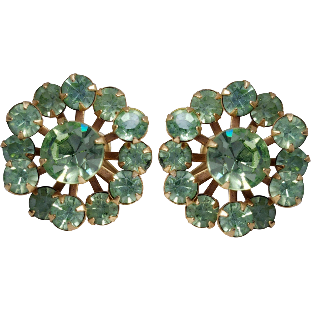 Vintage Screw Back Green Rhinestone Earrings
