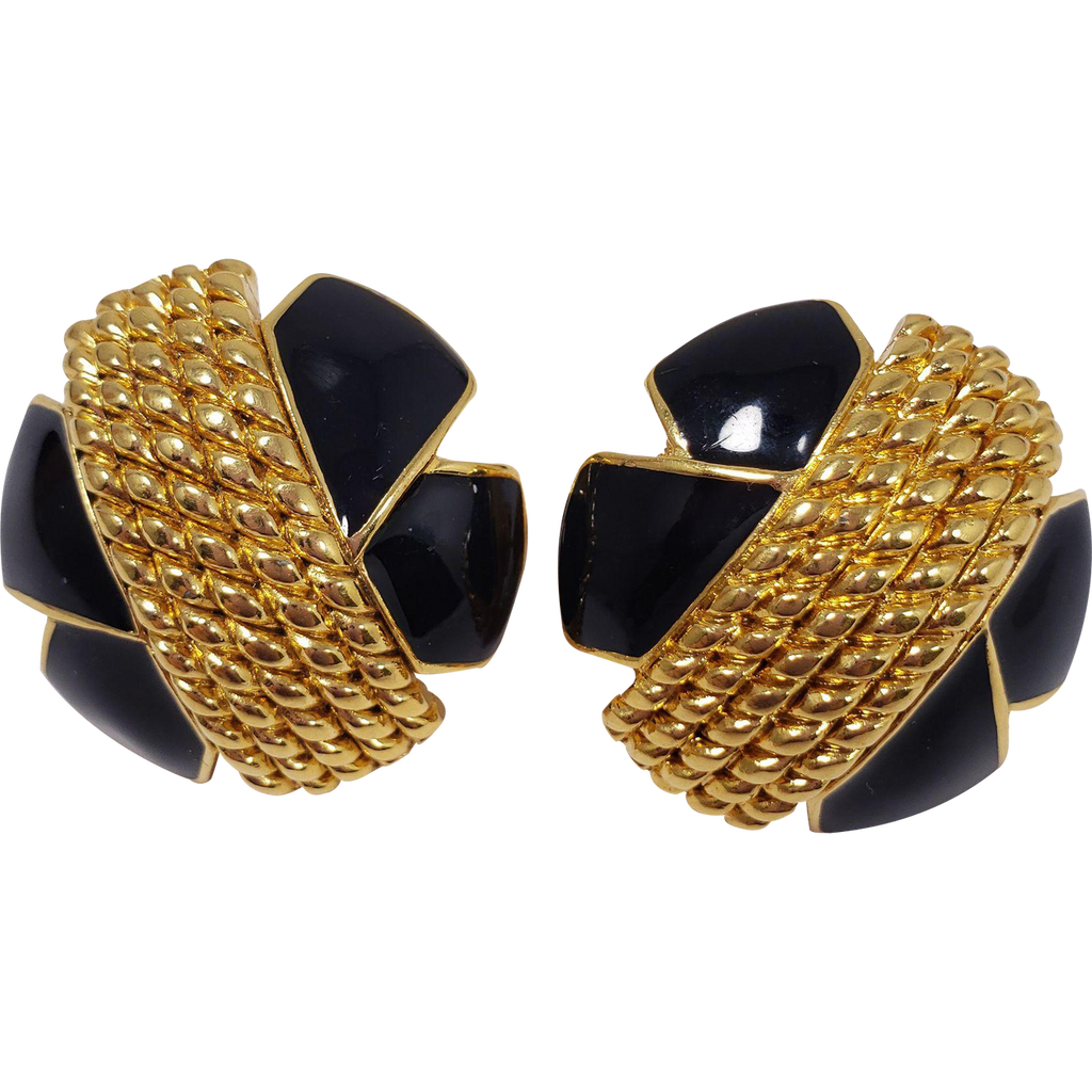 Vintage High End Gold Tone Black Enamel Dome Clip On Earring
