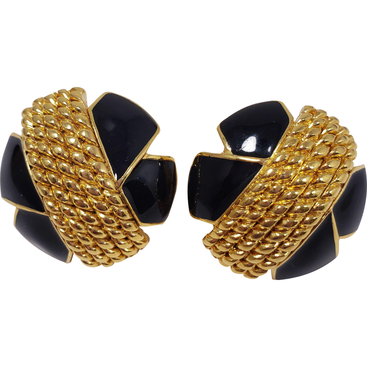 Vintage High End Gold Tone Black Enamel Dome Clip On Earring