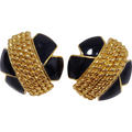 Vintage High End Gold Tone Black Enamel Dome Clip On Earring