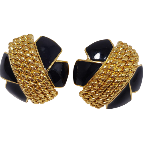 Vintage High End Gold Tone Black Enamel Dome Clip On Earring