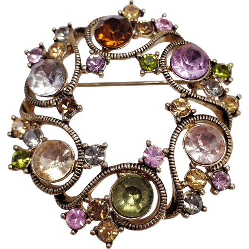 Vintage Monet Antique Gold Tone Color Rhinestone Round 2" Brooch Pin