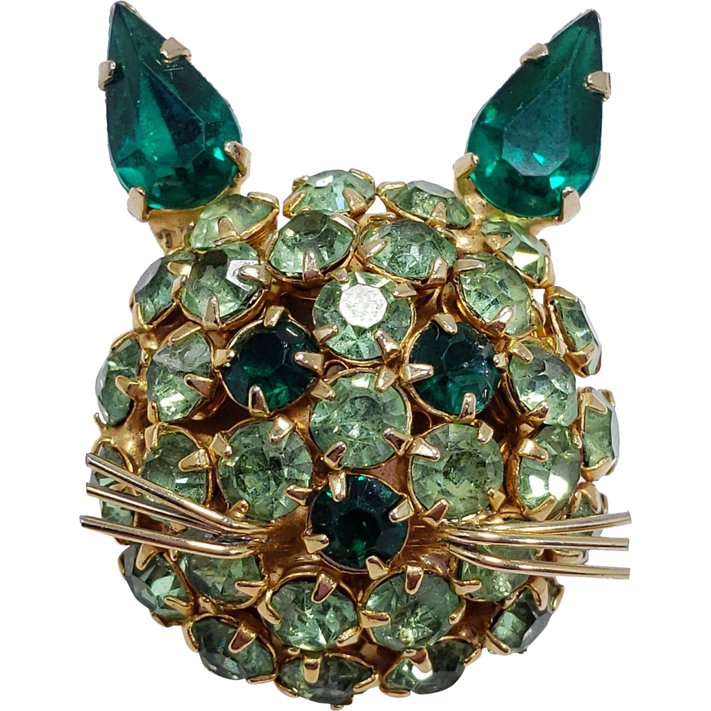 James Warner Green Rhinestone Cat Pin Brooch