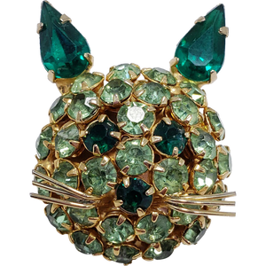 James Warner Green Rhinestone Cat Pin Brooch