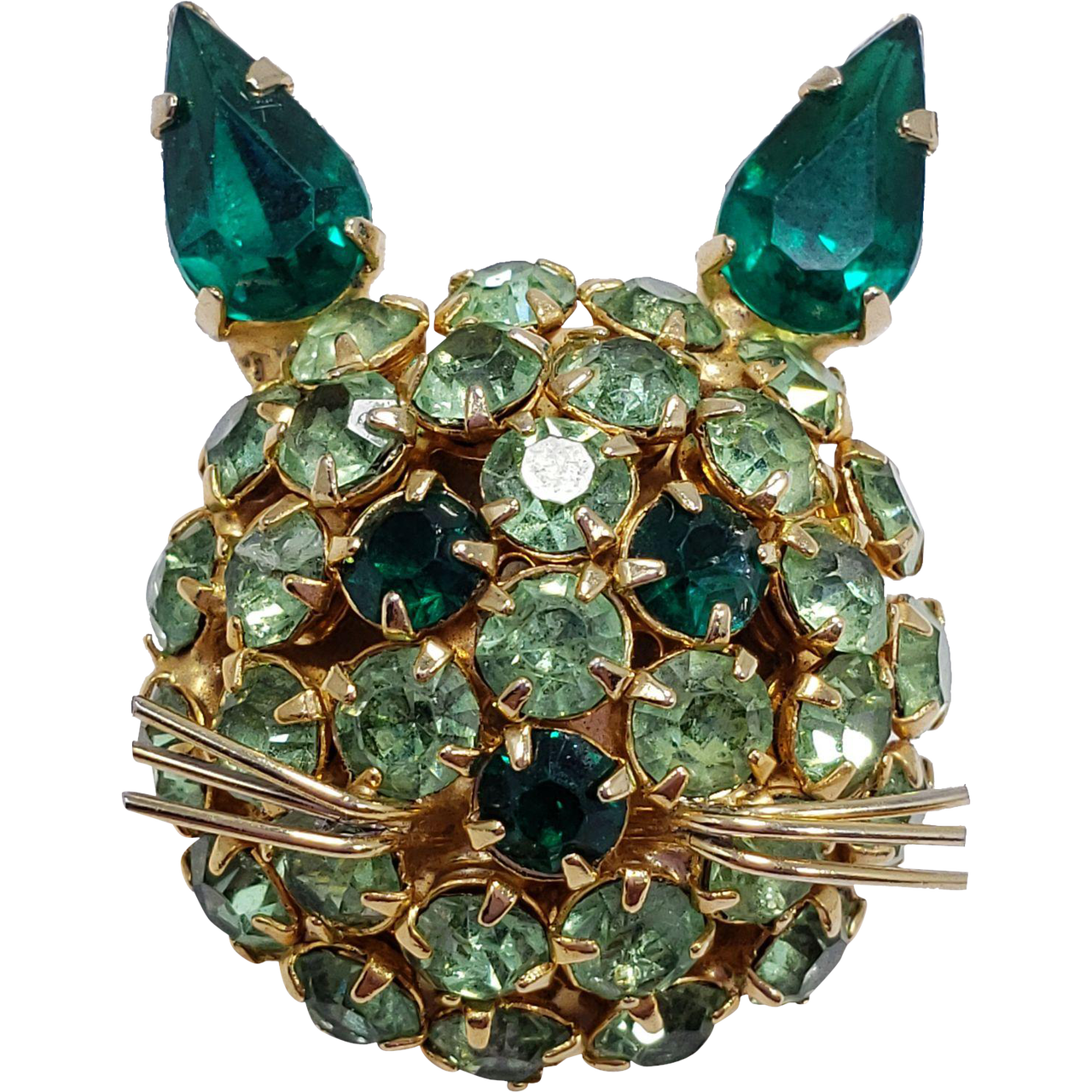 James Warner Green Rhinestone Cat Pin Brooch