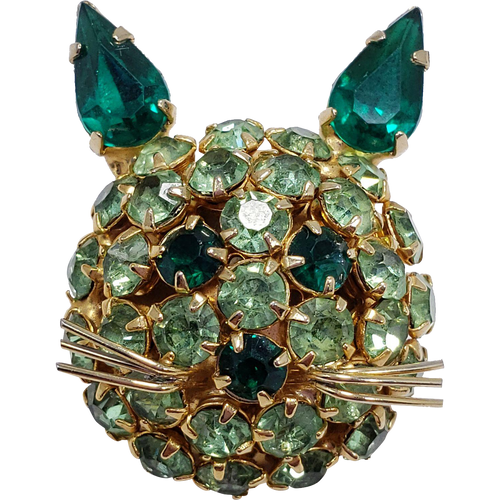 James Warner Green Rhinestone Cat Pin Brooch