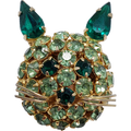 James Warner Green Rhinestone Cat Pin Brooch