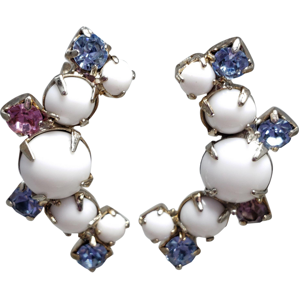 Crescent Blue and Purple Crystals, Resin Cabochon Prong Set Earrings, Light Gold Tone, Screw Backs