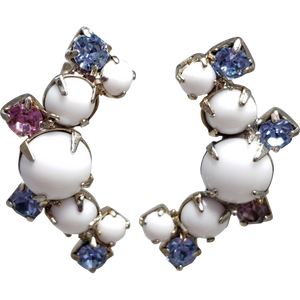 Crescent Blue and Purple Crystals, Resin Cabochon Prong Set Earrings, Light Gold Tone, Screw Backs