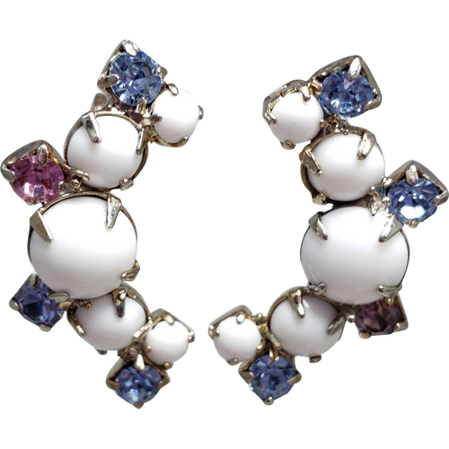 Crescent Blue and Purple Crystals, Resin Cabochon Prong Set Earrings, Light Gold Tone, Screw Backs