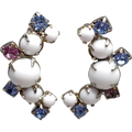 Crescent Blue and Purple Crystals, Resin Cabochon Prong Set Earrings, Light Gold Tone, Screw Backs