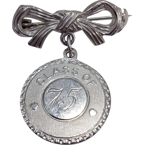 Dangling Bow and Coin Pin Brooch Class of 75, 1975, in Silver Tone