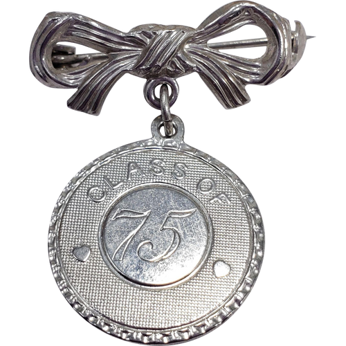 Dangling Bow and Coin Pin Brooch Class of 75, 1975, in Silver Tone