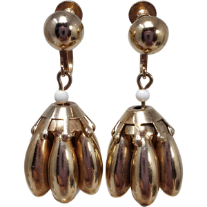 Gold Tone Dangling Flower with White Resin Bulb Earrings, Screw
