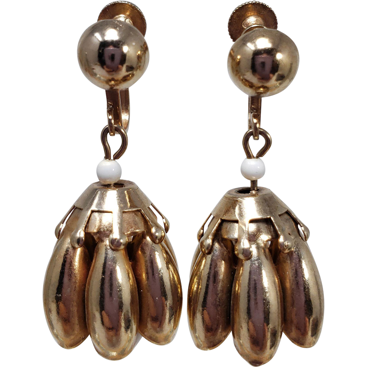 Gold Tone Dangling Flower with White Resin Bulb Earrings, Screw