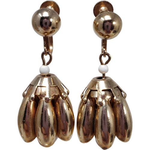 Gold Tone Dangling Flower with White Resin Bulb Earrings, Screw