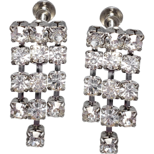 Art Deco Dangling Strand Clear Crystal Silver Tone Earrings, Screw Backs