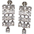 Art Deco Dangling Strand Clear Crystal Silver Tone Earrings, Screw Backs