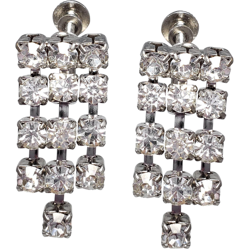 Art Deco Dangling Strand Clear Crystal Silver Tone Earrings, Screw Backs