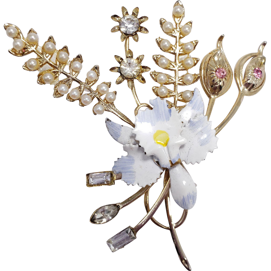 Gold Tone Flower Bouquet Cluster Pin Brooch with Faux Pearl, Crystal, and Painted White and Blue Enamel