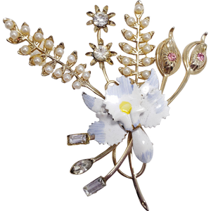 Gold Tone Flower Bouquet Cluster Pin Brooch with Faux Pearl, Crystal, and Painted White and Blue Enamel